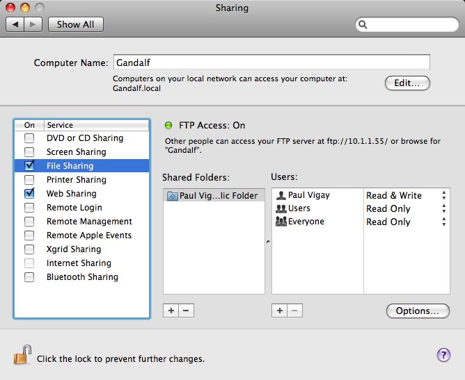 Mac OS X Sharing Settings